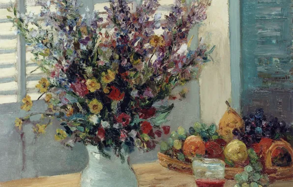 Картинка картина, натюрморт, Марсель Диф, Ваза с цветами и фрукты на столе