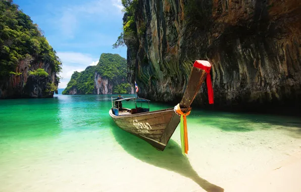 Картинка песок, море, пляж, пейзаж, скалы, лодка, Тайланд, Пхукет