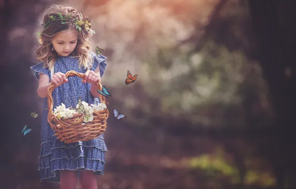 Бабочки, цветы, природа, корзина, платье, девочка, ребёнок, локоны