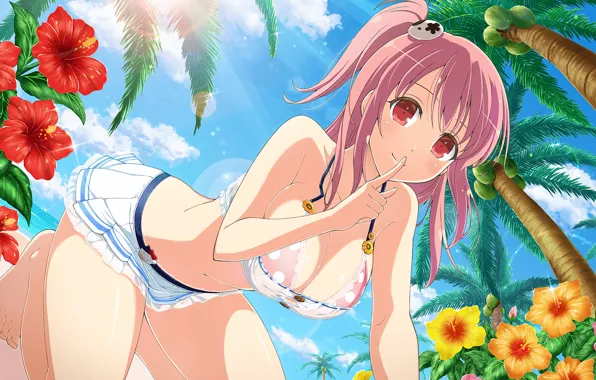 Girl, sexy, cleavage, beach, pink hair, long hair, boobs, anime