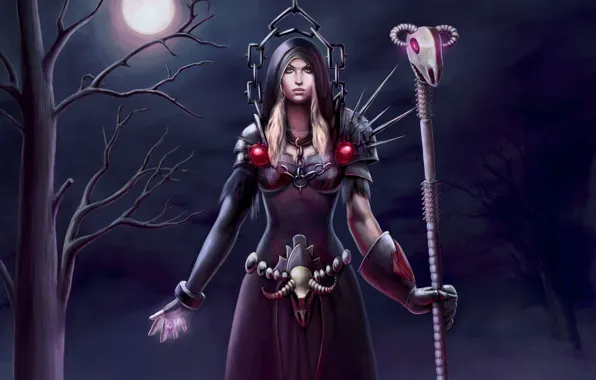 Картинка девушка, ночь, дерево, луна, арт, посох, world of warcraft, Warlock