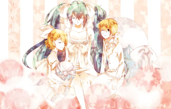 Девушки, надпись, арт, парень, hatsune miku, kagamine rin, вокалоид, kagamine len