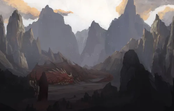 Картинка горы, дракон, человек, фигура, арт, лежа