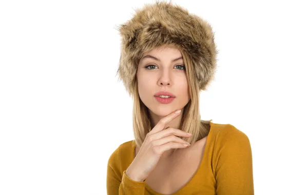 Взгляд, девушка, поза, шапка, рука, портрет, блондинка, белый фон