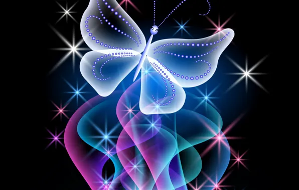 Бабочка, abstract, design, blue, pink, butterfly, glow, neon