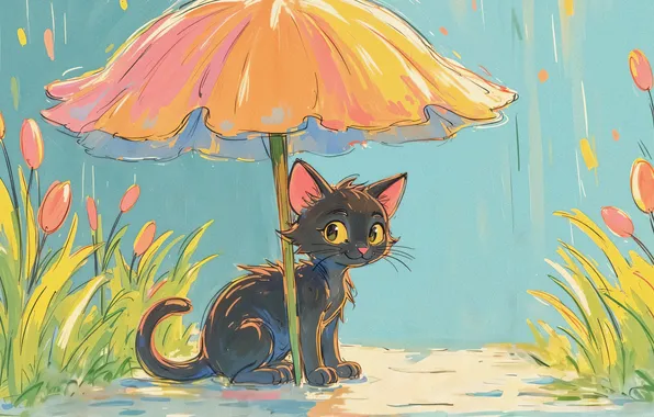 Кошка, кот, взгляд, капли, цветы, природа, поза, серый