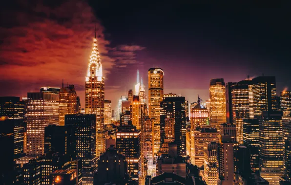 Огни, Нью-Йорк, небоскребы, сумерки, Манхэттен, Chrysler Building, Соединенные Штаты