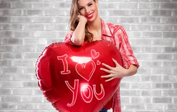 Девушка, красный, воздушный шар, сердце, рубашка, I love you, heart, Valentines Day