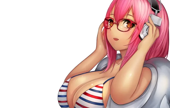 Купальник, девушка, полоски, наушники, арт, очки, розовые волосы, super sonico