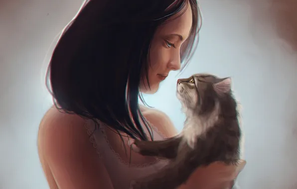 Картинка кошка, девушка, арт, профиль