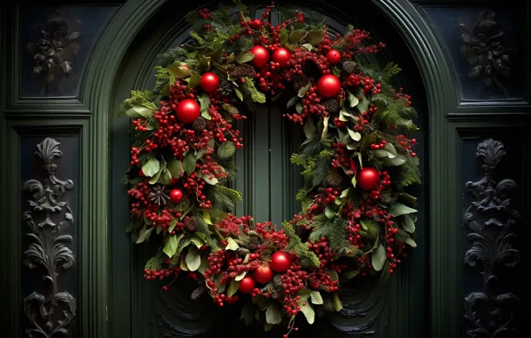 Картинка украшения, Новый Год, дверь, Рождество, Christmas, венок, wood, New Year