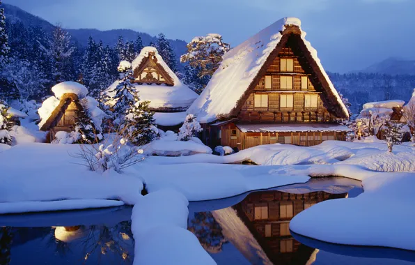 Картинка зима, снег, Япония, домики, japan