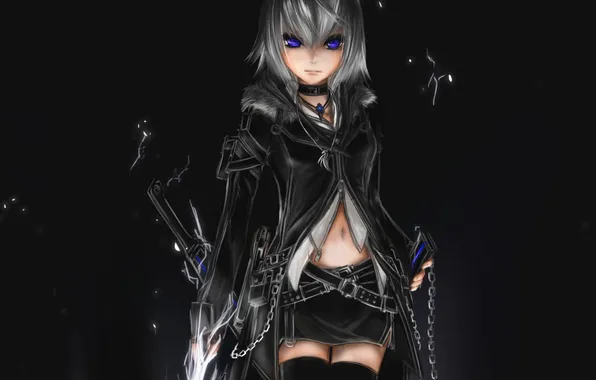 Картинка девушка, оружие, меч, аниме, арт, ошейник, цепи, closedbox