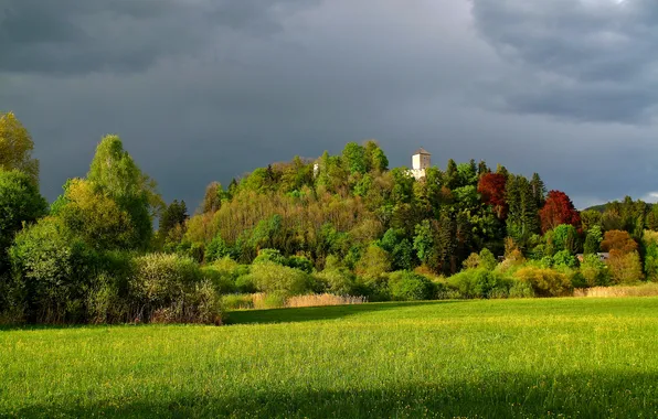 Картинка осень, небо, деревья, тучи, замок, гора, Австрия, холм
