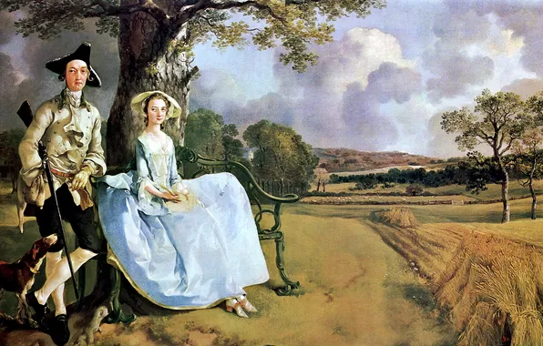 Картинка поле, небо, облака, деревья, пейзаж, картина, снопы, Thomas Gainsborough