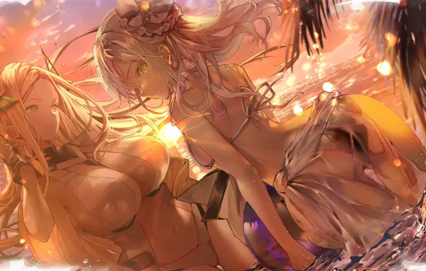 Море, солнце, закат, девушки, Alchemy Stars, Carleen, by Hitaki Yuu, Uriah