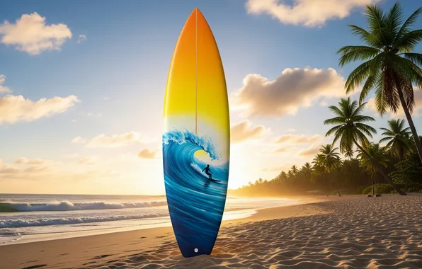 Пляж, закат, океан, обои, арт, wallpaper, доска, beach
