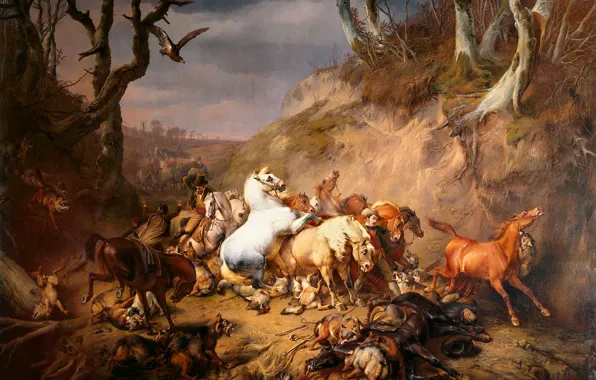 Масло, картина, холст, 1836, Нападение Голодных Волков на Группу Всадников, Eugene Joseph Verboeckhoven, Эжен Жозеф …