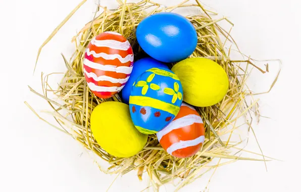 Праздник, яйца, пасха, гнездо, солома, гирлянда, флажки, Easter