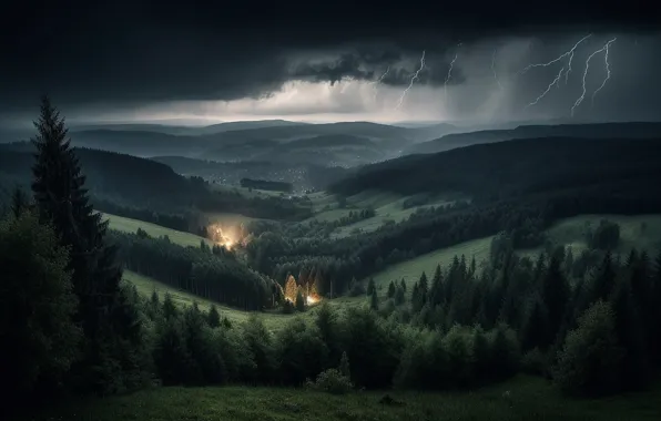 Гроза, лес, пейзаж, горы, тучи, природа, огни, туман