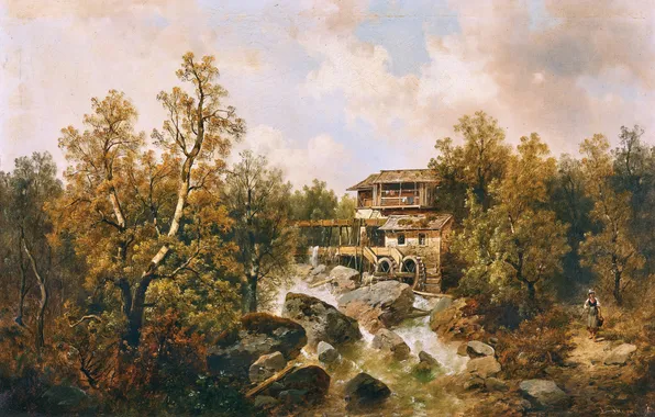 Облака, Девушка, Горы, Мельница, Деревья, Река, Картина, Австрийский художник