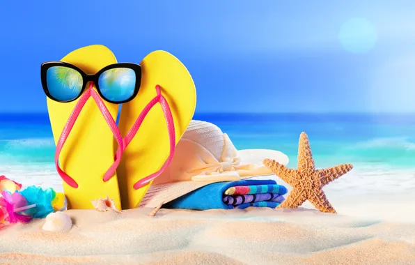 Картинка песок, море, пляж, лето, звезда, отпуск, шляпа, очки