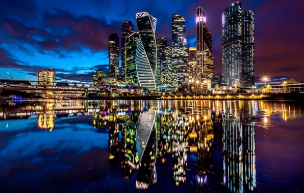 Отражение, река, здания, дома, Москва, Россия, ночной город, небоскрёбы