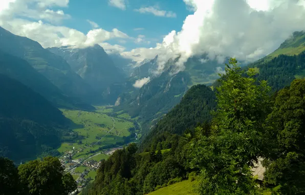 Небо, облака, деревья, горы, Швейцария, Glarus, Glarnerland