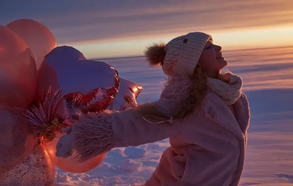 Картинка зима, воздушные шары, настроение, шапка, девочка, шубка, Александр Гранкин