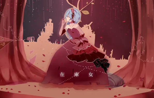 Сцена, лепестки, иероглифы, декорации, занавес, Hatsune Miku, Art, кринолин