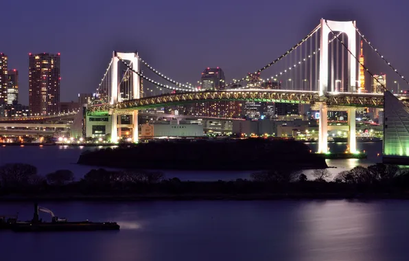 Ночь, мост, город, река, освещение, Токио