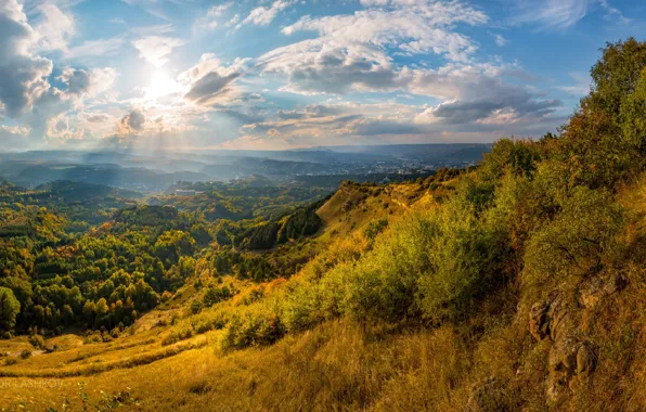 Картинка небо, солнце, горы, город, панорама, Лашков Федор, Кисловодский национальный парк