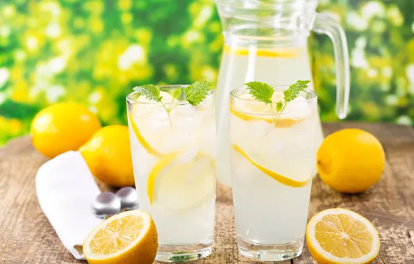 Лёд, стаканы, summer, напиток, кувшин, мята, water, лимоны
