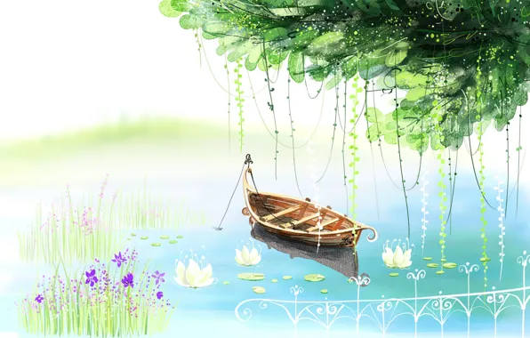 Цветы, озеро, дерево, лодка, рисунок, забор, кувшинки