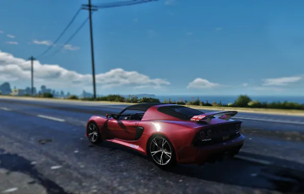 Дорога, море, небо, красный, столбы, день, Lotus, Exige
