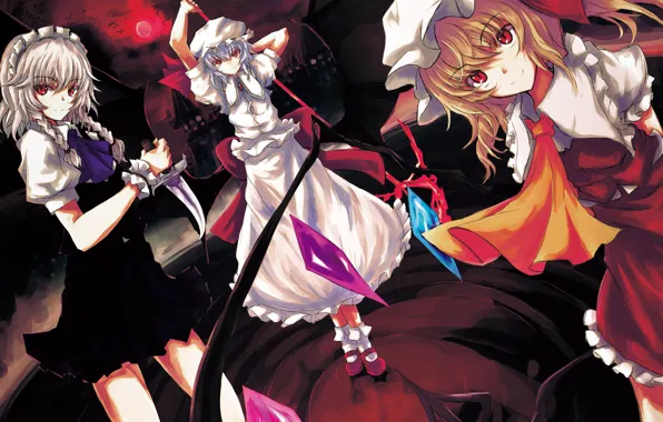 Ночь, кинжал, красные глаза, трое, remilia scarlet, izayoi sakuya, art, flandre scarlet