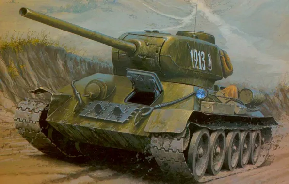 Картинка дорога, рисунок, арт, танк, средний, Т-34-85, Великая отечественная война