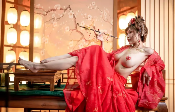 Украшения, трубка, кимоно, азиатка, большая грудь, косплей, cosplay, asian