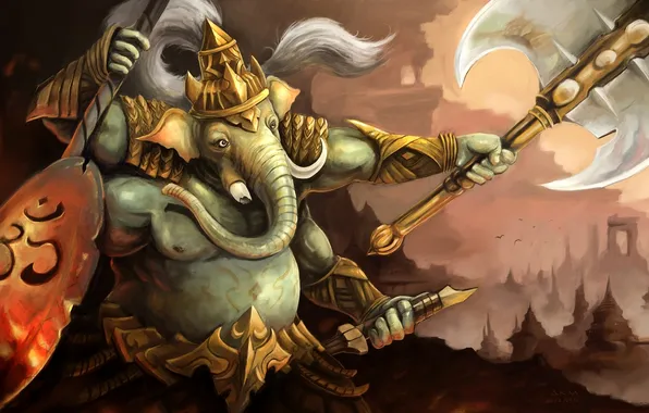 Картинка оружие, слон, бог, воин, арт, ganesha