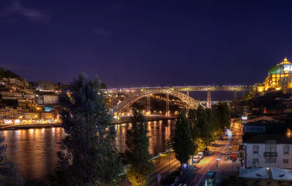 Картинка ночь, мост, огни, река, Португалия, Porto