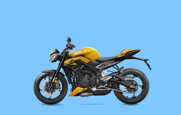 Вид сбоку, голубой фон, Triumph, 2023, Cosmic Yello, Motorcycle Street, Triumph Street Triple 765 RS