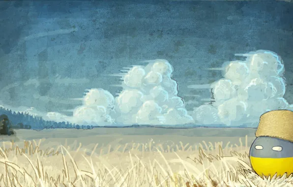 Картинка поле, лес, небо, облака, шапка, Украина, countryballs