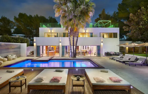 Пальмы, вилла, вечер, бассейн, освещение, архитектура, Ibiza, Spsin