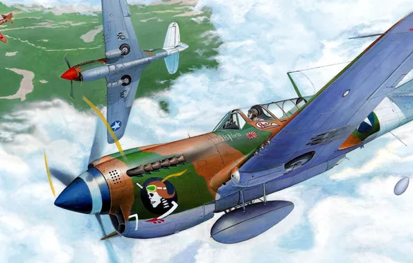 Рисунок, арт, Curtiss, P-40, Warhawk, американский истребитель, американский одноместный двухдвигательный штурмовик