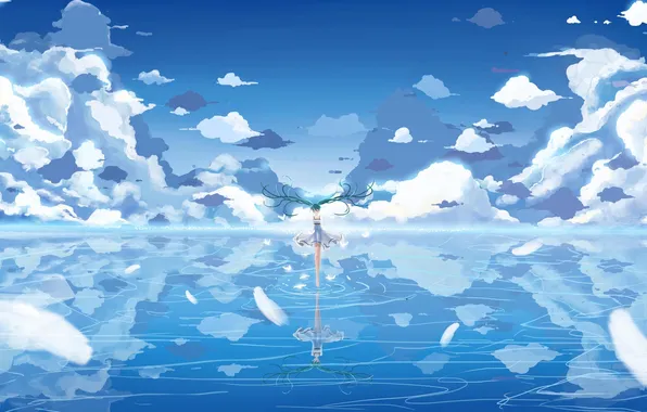 Картинка небо, вода, девушка, облака, отражение, океан, перья, арт