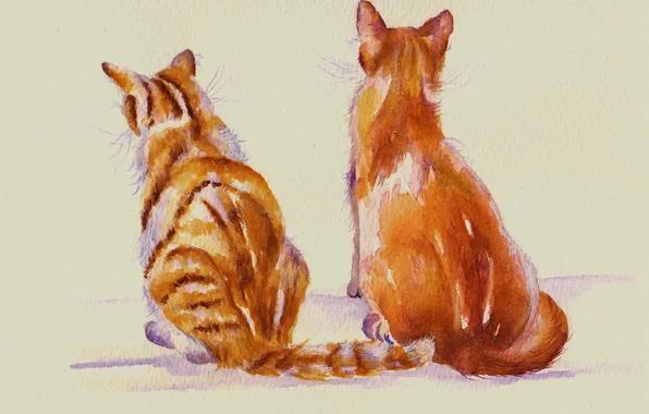 Картинка кошки, коты, акварель, сидят