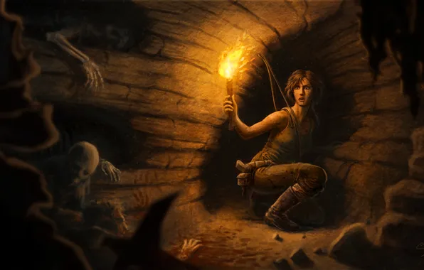 Картинка девушка, факел, Tomb Raider, пищера, скилеты