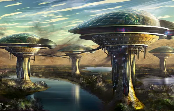 Картинка небо, вода, облака, горы, планета, башня, Bio tower