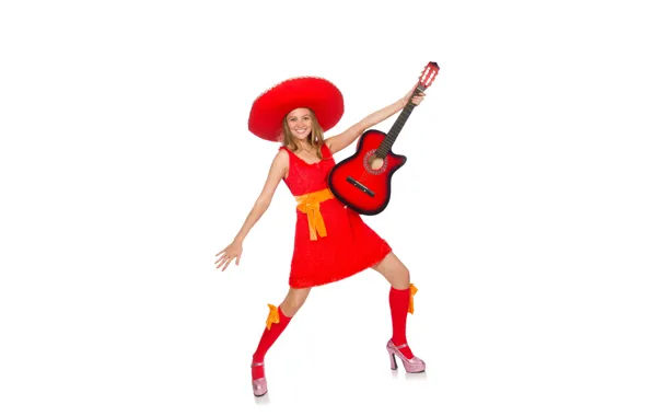 Картинка девушка, радость, гитара, в красном