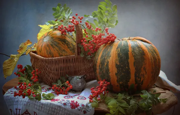 Листья, ветки, стол, фон, корзина, ягода, тыква, натюрморт